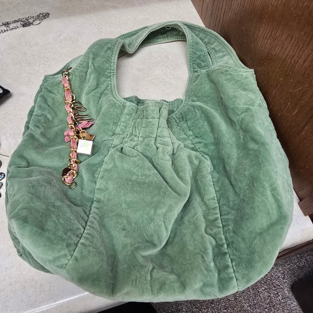 Goldie Sage Green Velour Hobo Bag Limited Edition Charm Chain Slouchy Tote